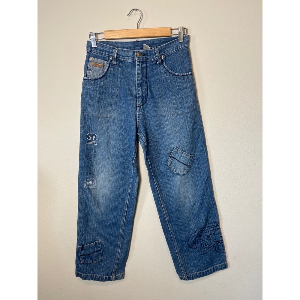 Vintage Mecca USA Wide Leg Jeans Blue Denim Embroidered Patchwork 90s Y2K 14